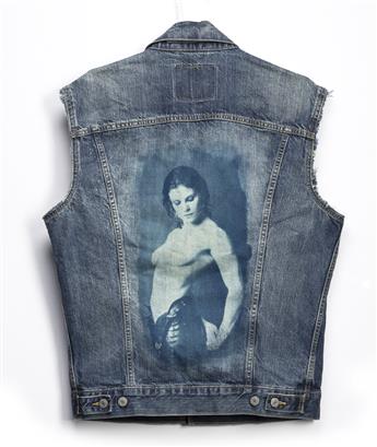 MARCUS LEATHERDALE (1952-2022) x VANESSA FATH A denim vest printed with a cyanotype of Leatherdales portrait of Lisa Lyon, made for an